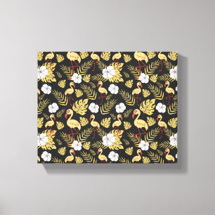 Toile Flamant rose continu motif fleurs jaune et blanc