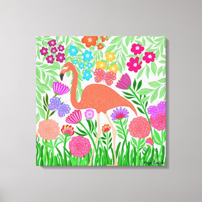 Toile Flamant rose de corail floral coloré Art (Recto)