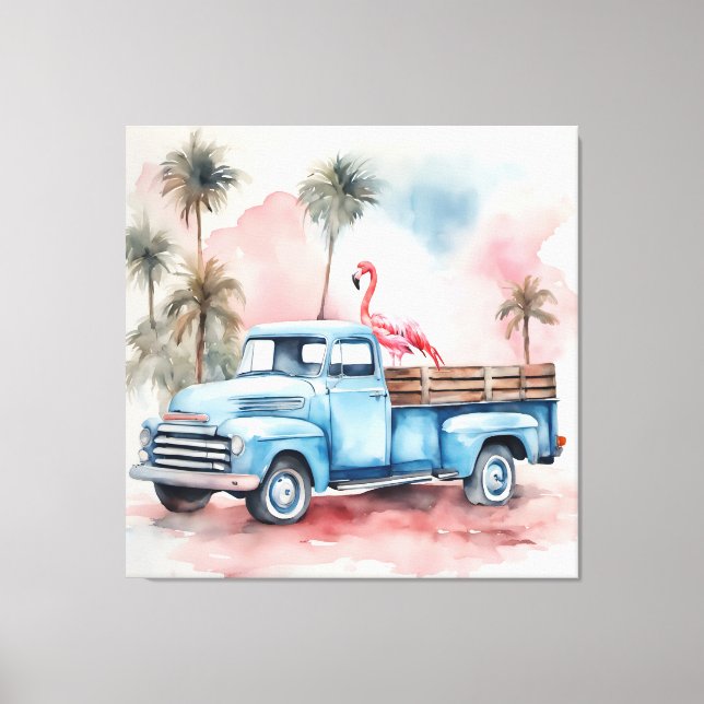 Toile Flamant rose En Camion Blue Retro (Recto)