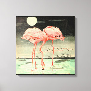 Toile Flamant rose et lune d'oiseaux roses Vintages
