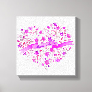 Toile Fleur cœur rose violet nom aquarelle art