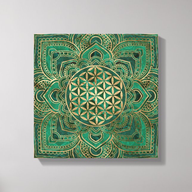 Toile Fleur de vie à Lotus - Malachite et or (Recto)
