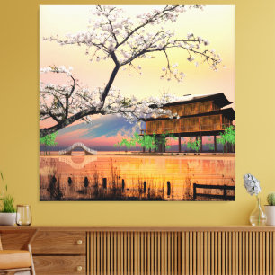 Toile Fleur Tranquille : Coucher de soleil sur une maiso