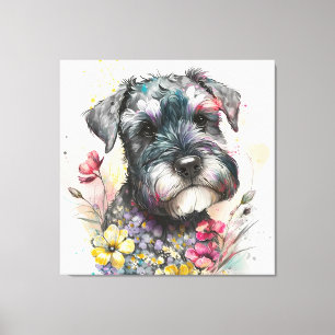 Toile Fleurs à l'aquarelle et chiot schnauzer