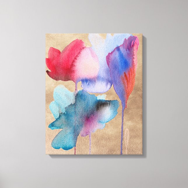 Toile fleurs d'aquarelle bleu et rouge moderne floral (Recto)