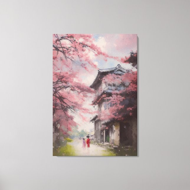 Toile Fleurs de cerisiers avec une vieille maison au Jap (Recto)