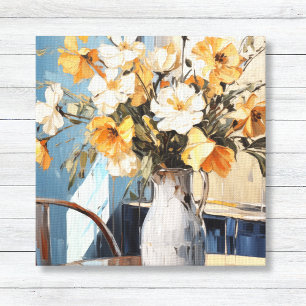Toile Fleurs jaunes et blanches dans le mur bleu Vase