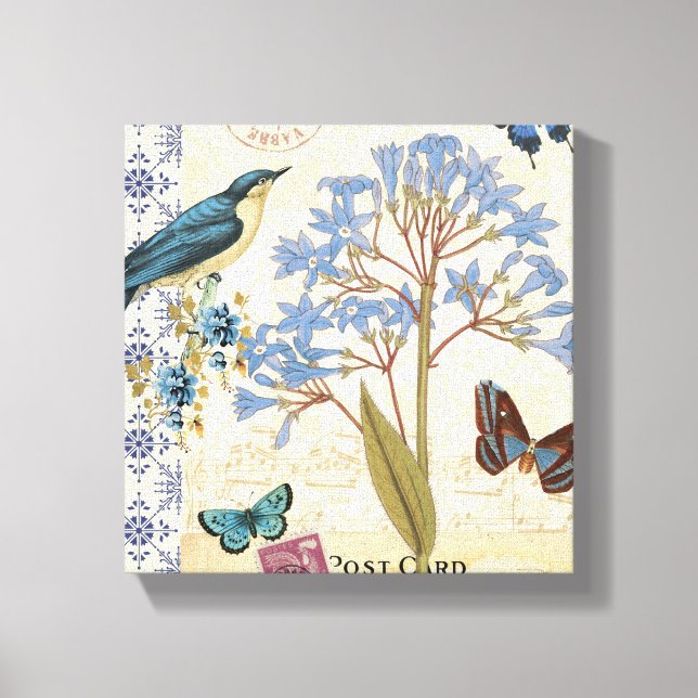 Toile Fleurs, papillons et collage d'oiseaux (Recto)