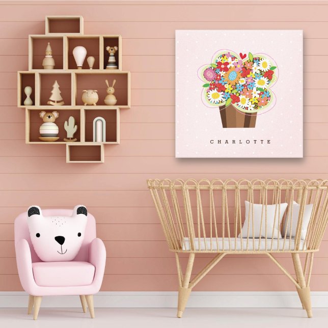 Toile Fleurs printanières fantaisistes et douce gourmand (Whimsical Colorful Spring Flowers Sweet Cupcake Baby Girl's Nursery Art Canvas Print @ fat_fa_tin)