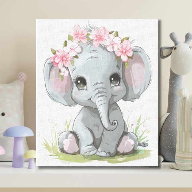 Toile Fleurs roses de bébé éléphant sur la crèche (Baby Elephant with pink flowers on head. Adorable cute nursery canvas wall art Baby Shower gift)