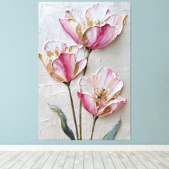 Toile Fleurs roses et blanches avec texture dorée abstra (Insitu (Plancher de Bois))