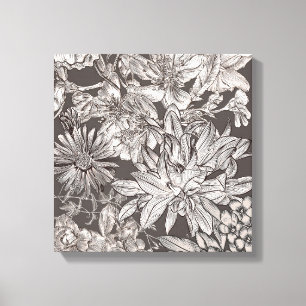 Toile Fleurs Vintage Moderne Ivoire Gris Botanique Rusti