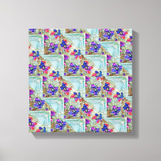 Toile Fleurs violettes et bleues Carrés Zigzags (Recto)