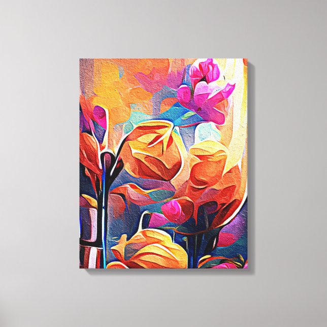 Toile Floral Abstract Art Orange Red Blue Flowers (Recto)