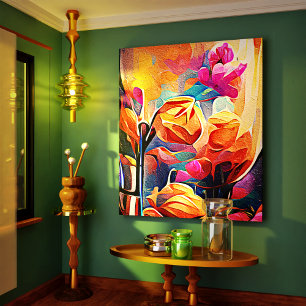 Toile Floral Abstract Art Orange Red Blue Flowers