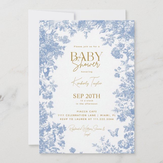 Toile Floral Blue Baby Shower Invitation (Front)