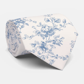 Toile Floral Bouquet Blue Cream Vintage Botanical  Tie