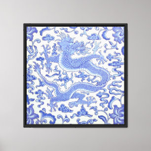 Toile Floral de dragon oriental chinois bleu et blanc