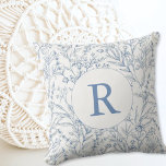 Toile Floral Monogram Dainty Blue French Theme Throw Pillow<br><div class="desc">This Toile Floral Monogram Dainty Blue French Theme Throw Pillow is perfect to add a light Parisian vibe to your event or home decor. Customize with your monogram initial.</div>