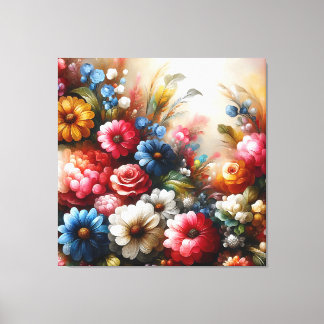 Toile Florale Art Rouge Bleu Et Fleurs Blanches