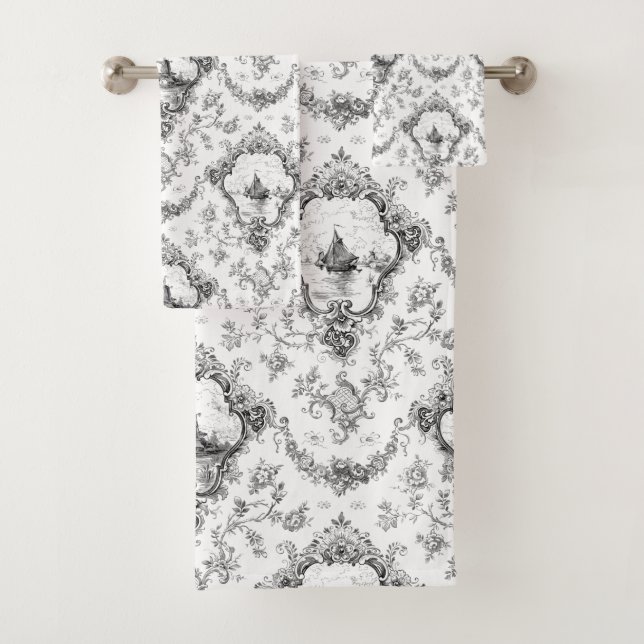 Toile florale gravée avec moulin à vent et bateaux (En situation)