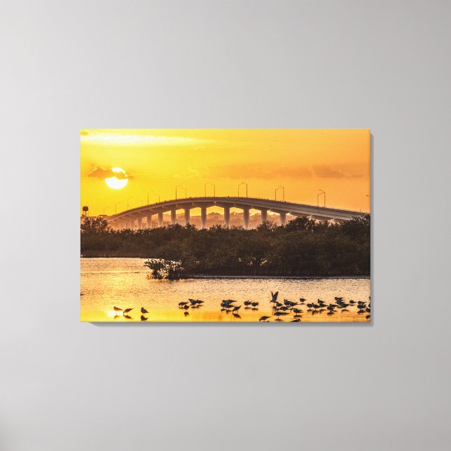 Toile Floride Sunset Titusville Bridge Birds in Water (Recto)