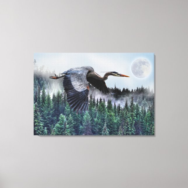 Toile Flying Great Blue Heron & Misty Forest Wildlife (Recto)