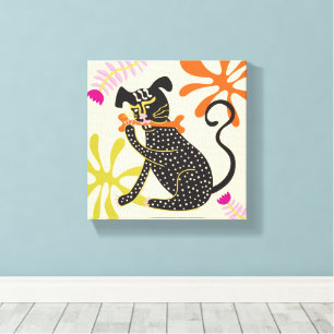 Toile Folkart Boho Abstrait Chien noir dessiné main