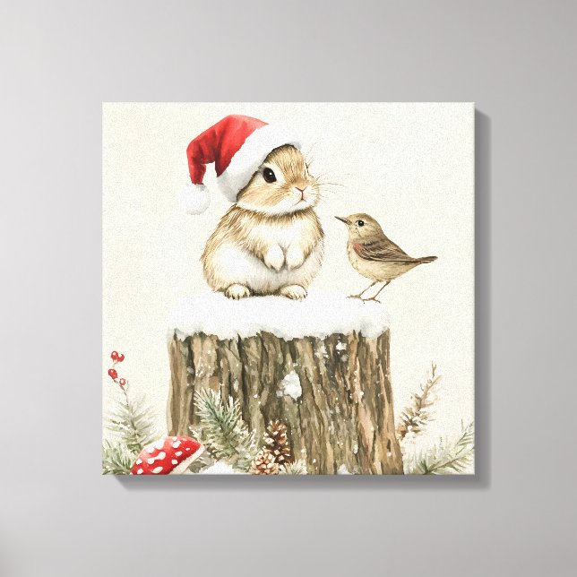 Toile Forêt enneigée Bois hivernal Noël Lapin Oiseau  (Recto)