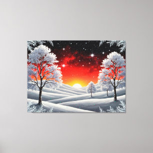 Toile Forêt enneigée d'hiver sous un coucher de soleil r