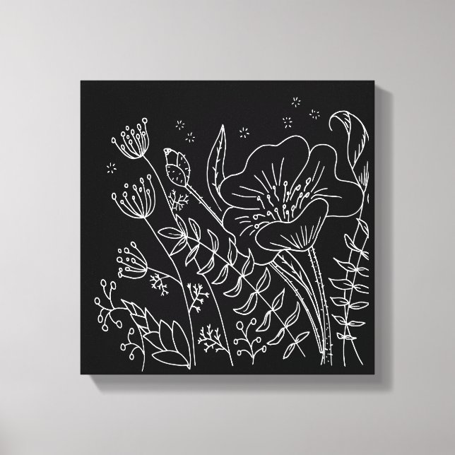 Toile Forêt florale noire et blanche dessinée à la main (Recto)