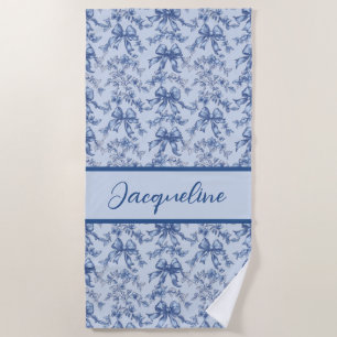 Toile French Blue Coquette Bow Wedding Party Beach Towel