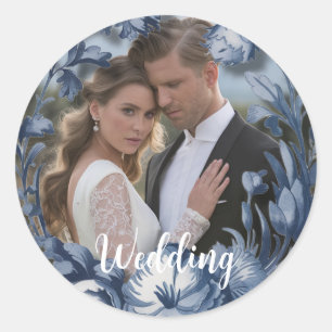 Toile French Vintage Blue Floral Wedding Classic Round Sticker
