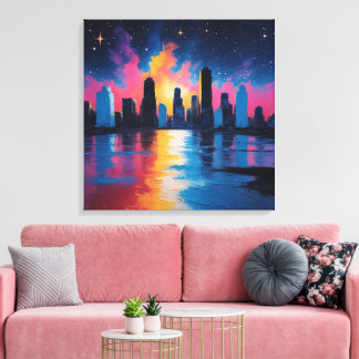 Toile Futuristic Urban Skyline at Sunset Canvas Print 