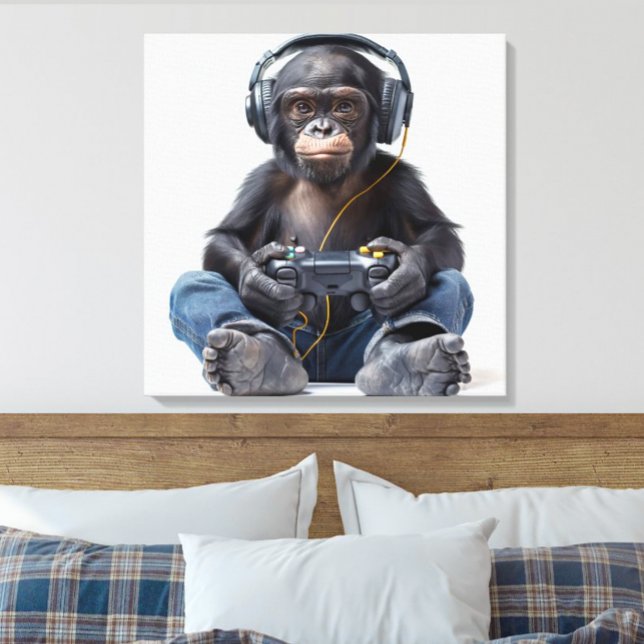 Toile Gamer Chimp Drôle Animal Art pour enfants (Funny Gamer Monkey Chimp playing video games wearing jeans and headphones kids canvas wall art)