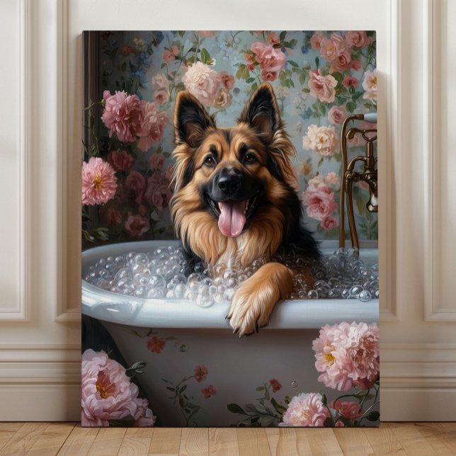 Toile German Shepherd Bubble Bath Bliss (German Shepherd Bubble Bath Bliss – Whimsical Floral Bathroom Dog Art by Nicole Cossairt)