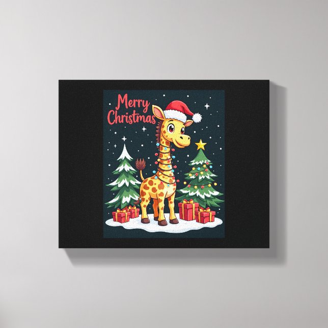 Toile Giraffe Joyeux sapin de Noël Éclairage Père Noël G (Recto)