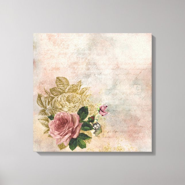 Toile Glam Steampunk | Rose rose et or Rustique Floral (Recto)
