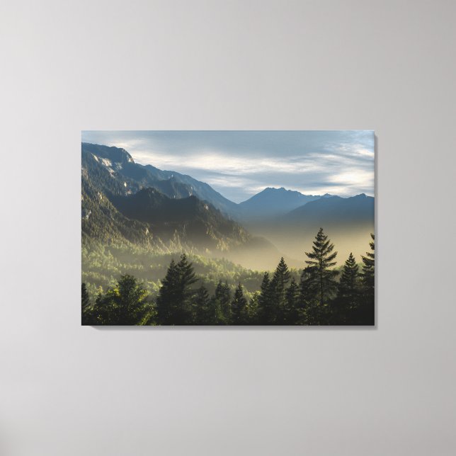 Toile Golden Hour Misty Peaks Evergreen Forest Art (Recto)