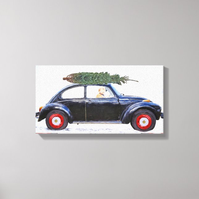 Toile Golden Retriever en voiture noire avec sapin de No (Recto)