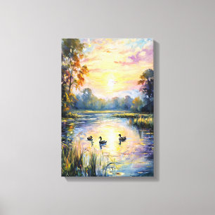 Toile Golden Tranquillité Sunset Pond Paysage avec canar