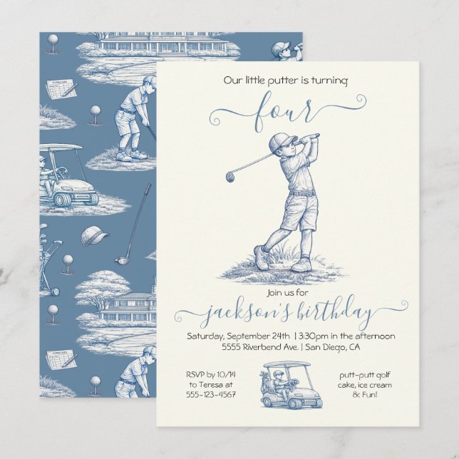 Toile Golf Boy Birthday Party Invitation (Front/Back)