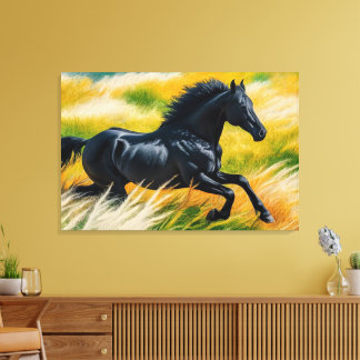Toile Graceful Black Horse Galloping dans le champ animé