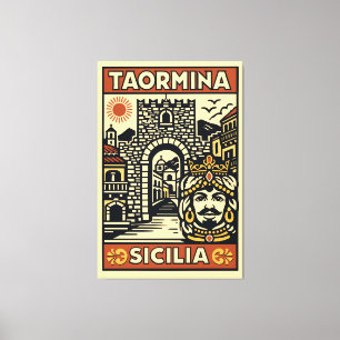 Toile Gravure sur bois Rouge Jaune Taormine Sicile Porte