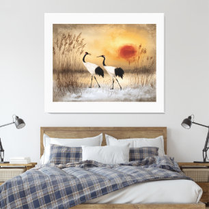 Toile Grues couronnées rouges, aquarelle,