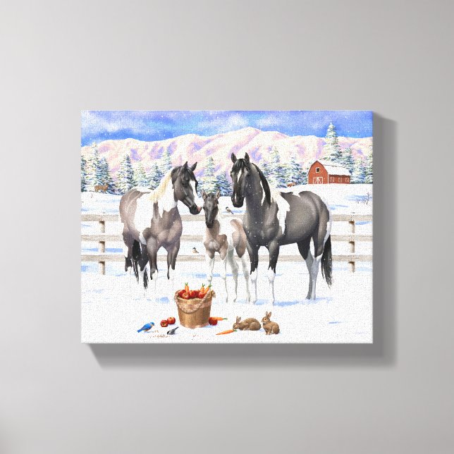 Toile Grulla Pinto Grey Paint Hors sur une ferme d'hiver (Recto)