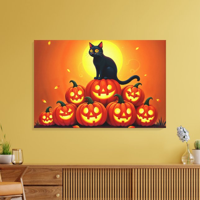 Toile Halloween chat noir mignon et lanternes Jack (Insitu(Salon))