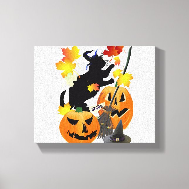 Toile Halloween Noir Kitty Batting Joli Feuilles (Recto)