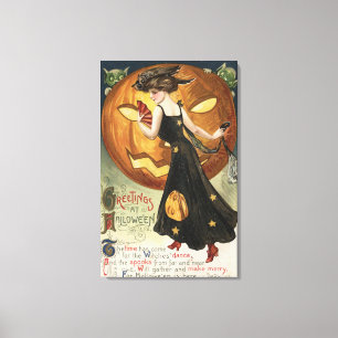 Toile Halloween SalutationWitch Danser et Citrouille