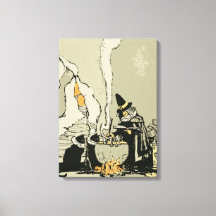 Toile Halloween vintage, sorcière avec Cauldron et Chats